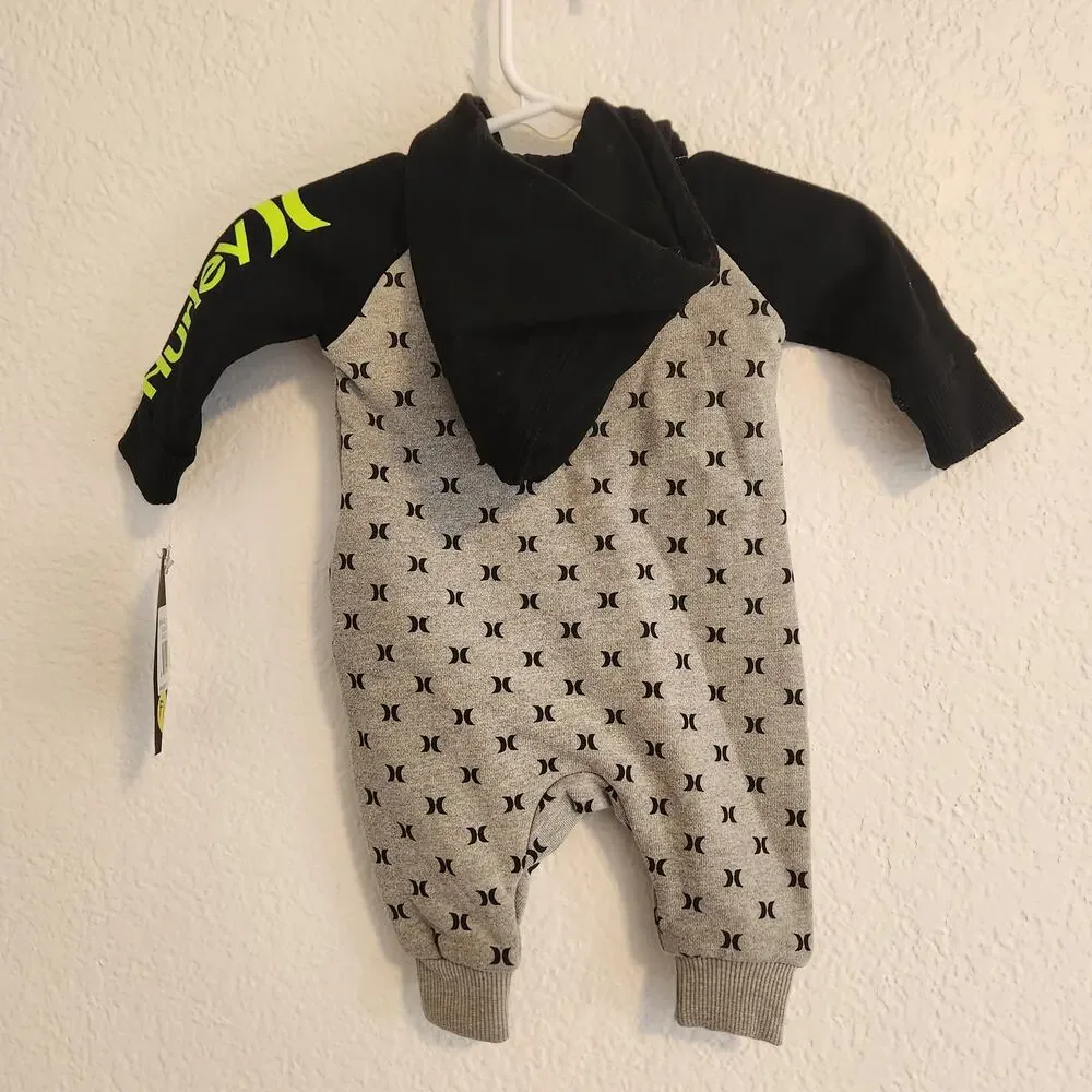 Hurley Baby Size Newborn Black/Grey/Green Logo Full Zip Hooded One‎ Piece NWT